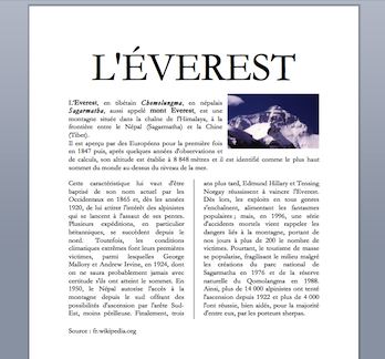 image d'un document sur l'Everest avec une image de l'Everest insérée et habillée, et une partie du texte en deux colonnes