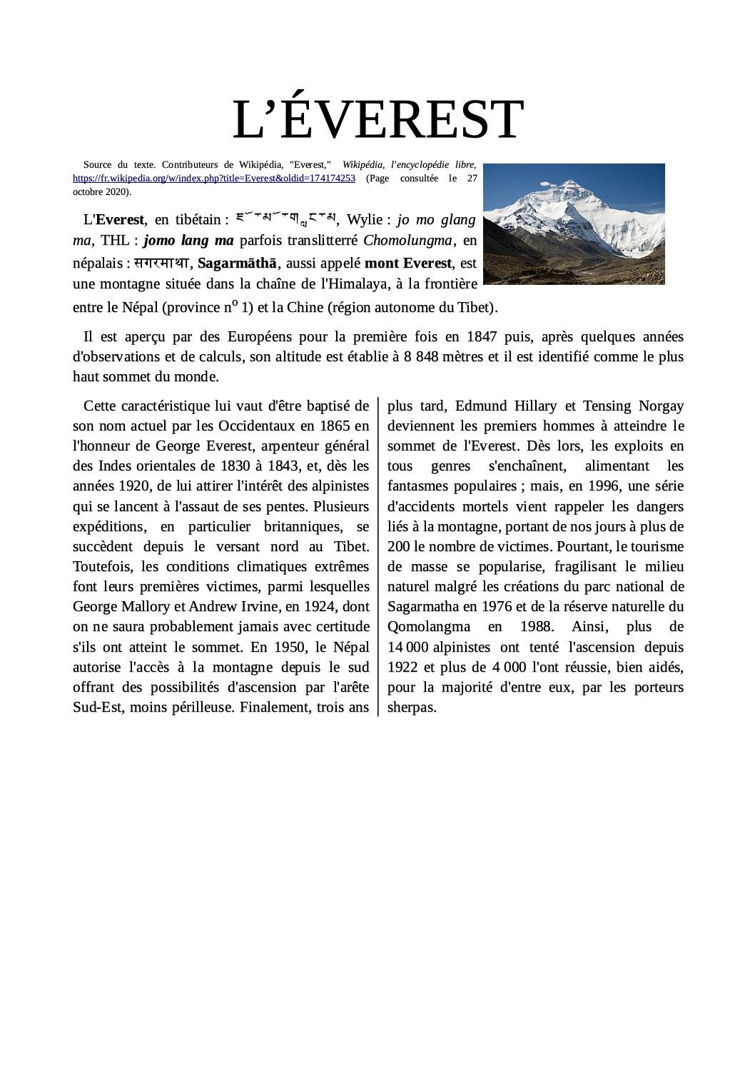 image d'un document sur l'Everest avec une image de l'Everest insérée et habillée, et une partie du texte en deux colonnes