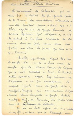première page du manuscrit d'un texte de Max Rouquette, qui figure en annexe d'un "Mémoire relatif à la création à Toulouse d'un Institut d'Etudes Occitanes", genre de note d'intention rédigée par les fondateurs de l'IEO en 1945.
